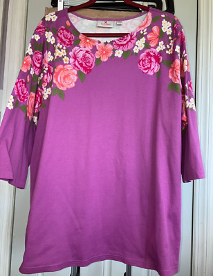 NWOT 3X QUACKER FACTORY LAVENDER PURPLE WITH FLOWERS TOP SHIRT COTTON #7706G