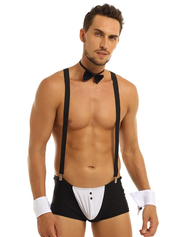 4Pcs Men Sexy Waiter Tuxedo Suit Boxers Briefs Underwear Outfits Set Costume 