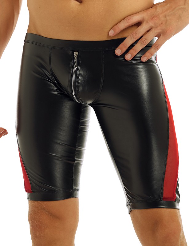 Men Faux Leather Boxer Briefs Zipper Crotch Tights Shorts Underwear