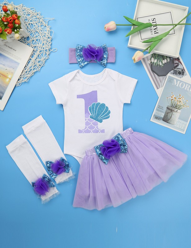 iEFiEL Baby Girls 1st Birthday Party Mermaid Three-Piece Outfit Short Sleeve Cotton Romper Tutu Skirt Headband Set