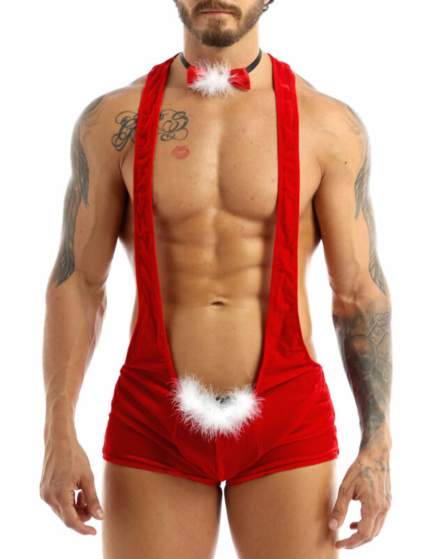 Men Christmas Underwear Wrestling Singlet Santa Bodysuit Xmas Coat Costumes
