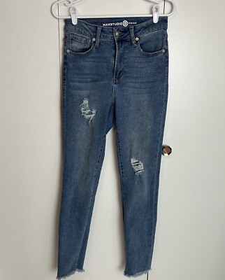 Max Studio Jeans Womens Sz 4 Blue Skinny High Rise Medium Wash Distressed Denim