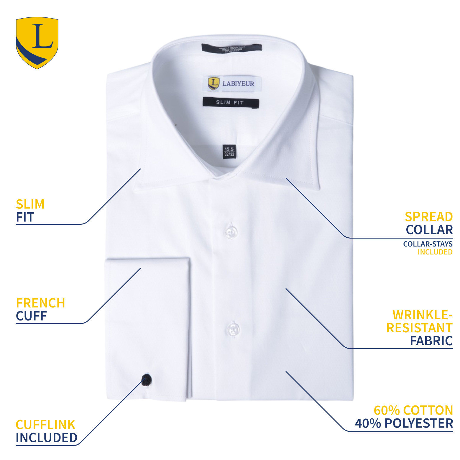 Men's Dress Shirt Slim Fit Long Sleeve Spread Collar French Cuffs from Labiyeur