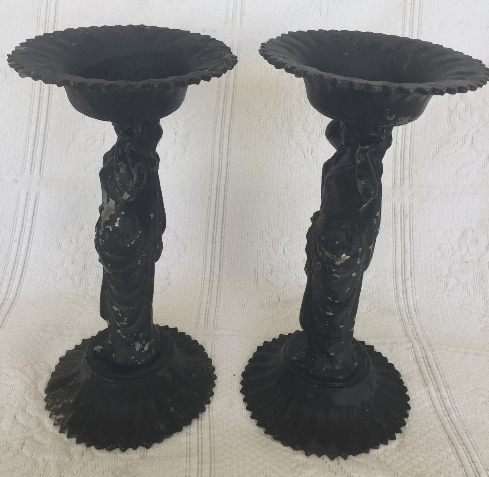 ANTIQUE ART NOUVEAU DECO MAIDEN WITH BOWL  IRON  CANDLE HOLDERS