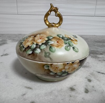 Antique TV Limoges France Signed Hand Painted Floral Trinket Dish Box. #559