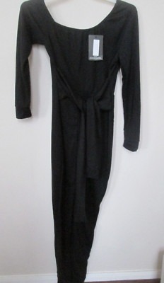Pretty Little Thing Jumpsuit Black Deep Boat Neck Stretch Thick Knit Fashion-NWT