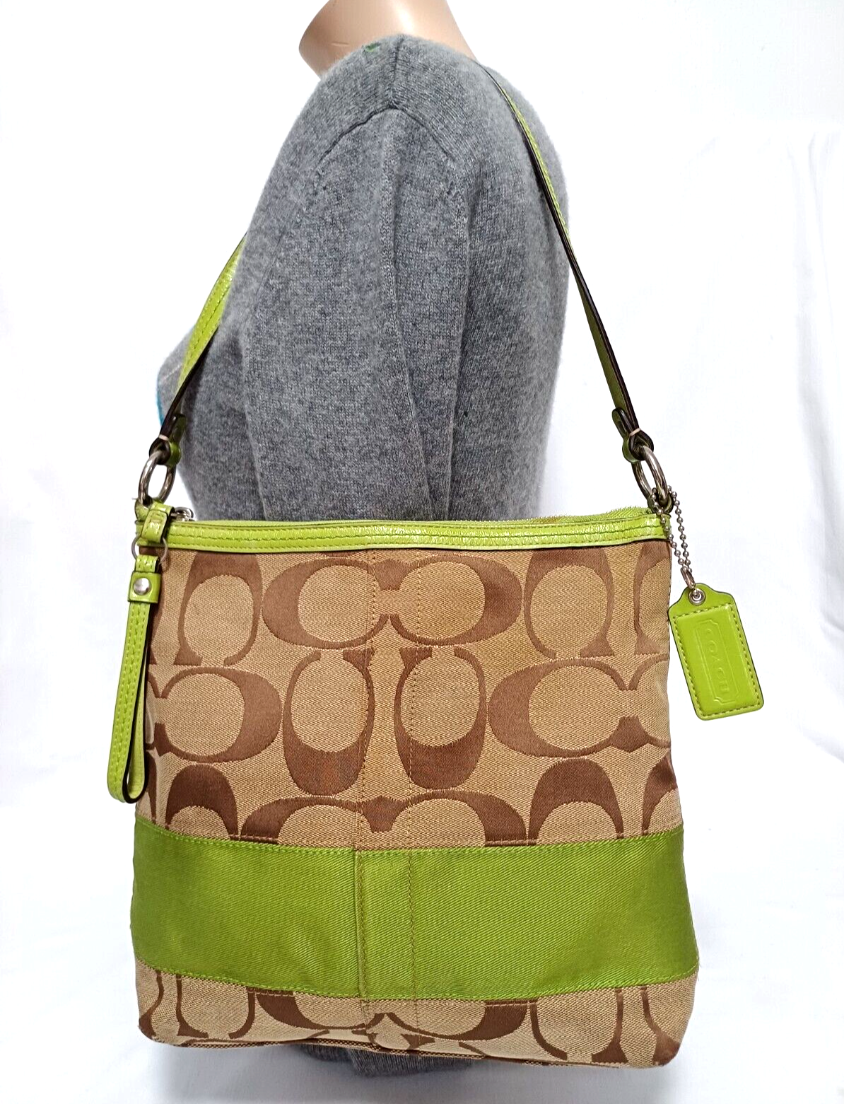 COACH SIGNATURE LIME GREEN STRIPE KHAKI JACQUARD Y2K