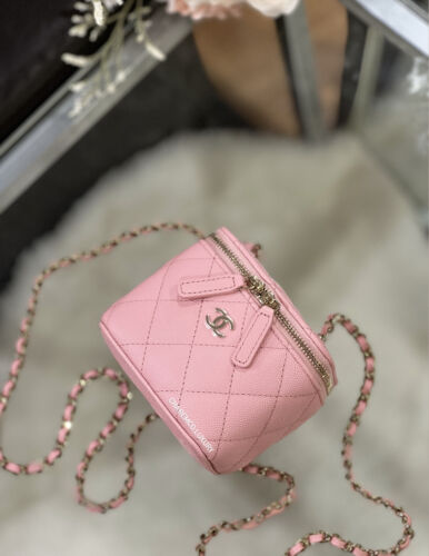 NWT! 💕22C CHANEL Sakura Pink Mini Square Vanity 💕Grained Gold HW