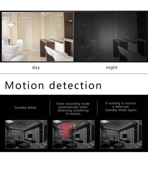 Security camera motion detection infographic, day and night.