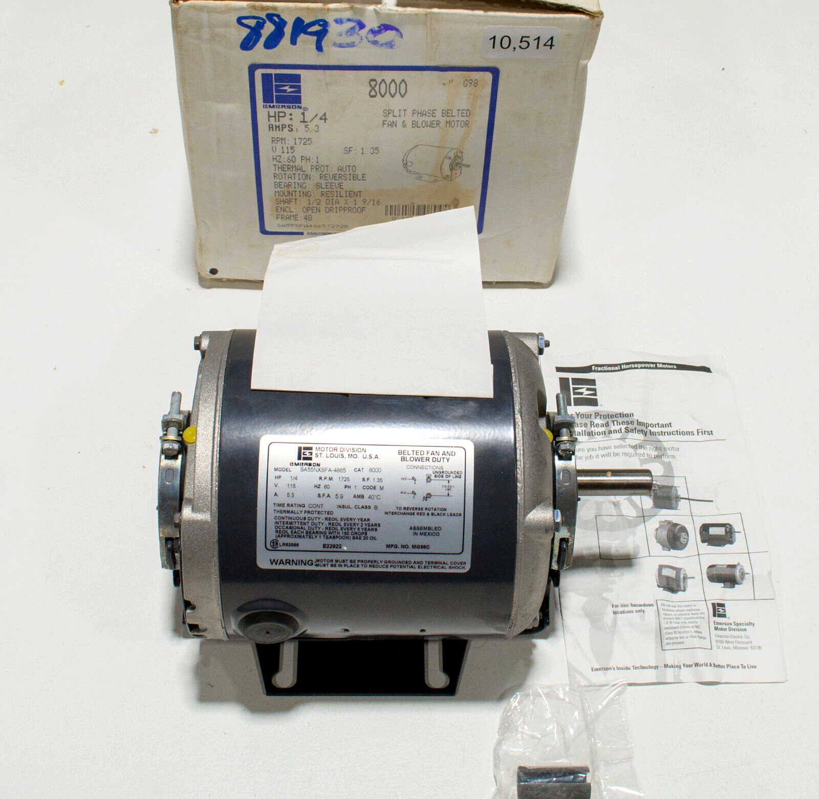 Emerson 8000 Motor SA55NXSFA-4865 1/4 HP 1725 RPM 115v 60Hz