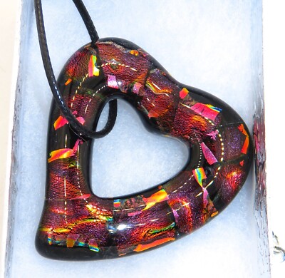Large Red Open Heart Dichroic Glass Pendent / Necklace Handmade Signed