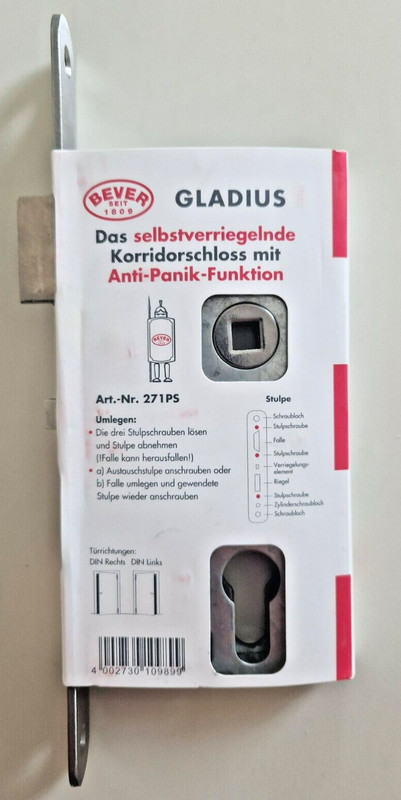 Bever & Klophaus Korridorschloss Gladius DornmaÃ 55 Mm Anti-Panik-Funktion L U R