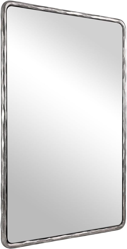 Hand-Forged Silver Bathroom Mirrors for Wall, 30X40 Inch Vintage Solid Steel Metal Frame Bathroom Vanity Mirror, Antique Rounded Rectangle Wall Mirror, Hangs Horizontally or Vertically