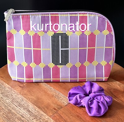 Clinique Graphic Dots Cosmetic Makeup Bag & Purple Scrunchie NEW 8 x 6 x 2 inch