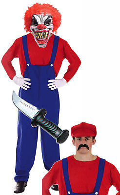 Mens Killer Clown Zombie Mario 80s 90s Halloween Fancy Dress Costume Outfit
