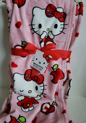 Sanrio Hello Kitty Pink Hearts & Apples  Throw - 60x70in - New *May Have Hanger*