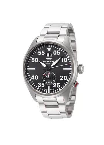 Pre-owned Glycine Men's Gl0363 Airpilot Dual Time 44mm Black Dial Stainless Steel Watch