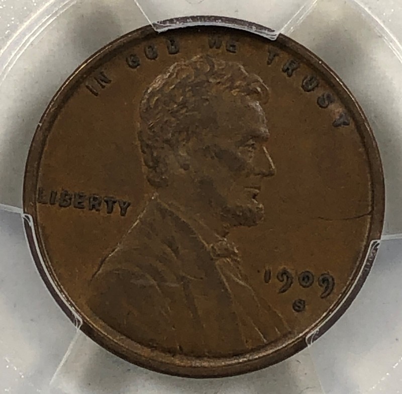 1909-S VDB 1c .01. Lincoln Cent. PCGS AU Detail. Pin