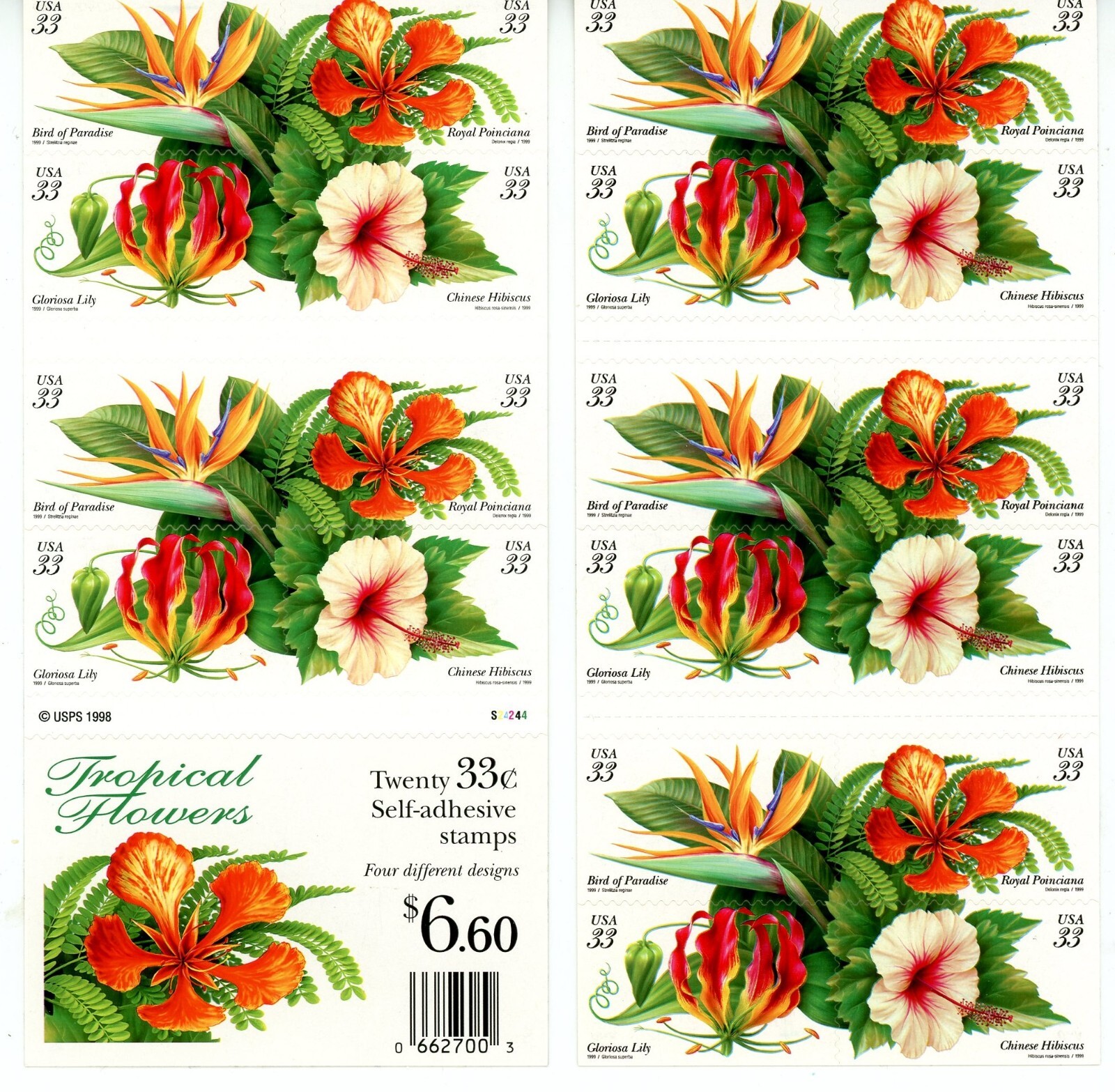 Tropical Flowers UNFOLDED MNH Booklet Pane Scotts 3310 3311