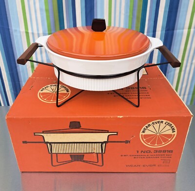 Vintage NEW Wear-Ever 3 Quart Ceramic Casserole Warmer Set Bitter Orange 38916
