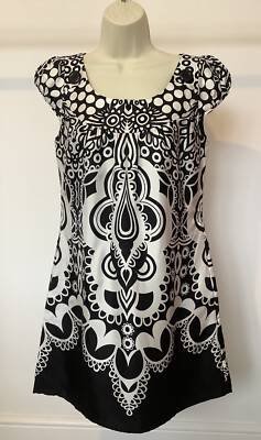 Oasis Black & White Patterned Silk Cap Sleeve Shift Dress - Size 10 - BNWT