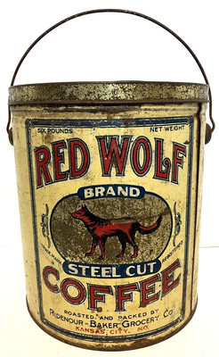 Vintage Orig RED WOLF COFFEE 6 Pound TIN CAN Kansas City Missouri