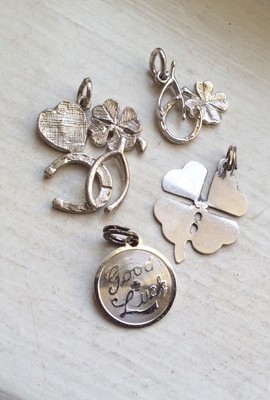 FOUR LEAF CLOVER, HORSESHOES, GOOD LUCK - 4 Sterling Vintage Bracelet Charm LOT