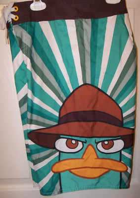 Phineas And Ferb Multi Color Agent Board Stripe Swim Trunks Shorts Mens 34 NWT