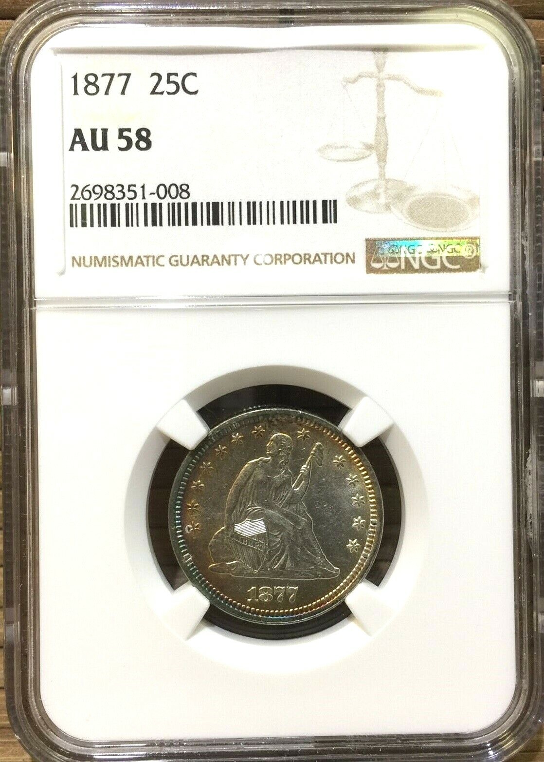 1877 NGC AU58 Rainbow Toned Seated Liberty Quarter Amazing Color and Luster! PQ!