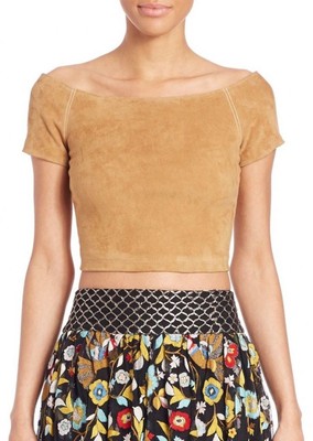 Pre-owned Alice And Olivia Alice + Olivia Gracelyn Suede Off Shoulder Crop Top Tan Size 6 In Brown