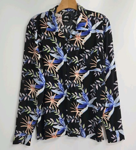 Stussy Shirt Men's Medium Black Floral Rayon Long Sleeve | eBay