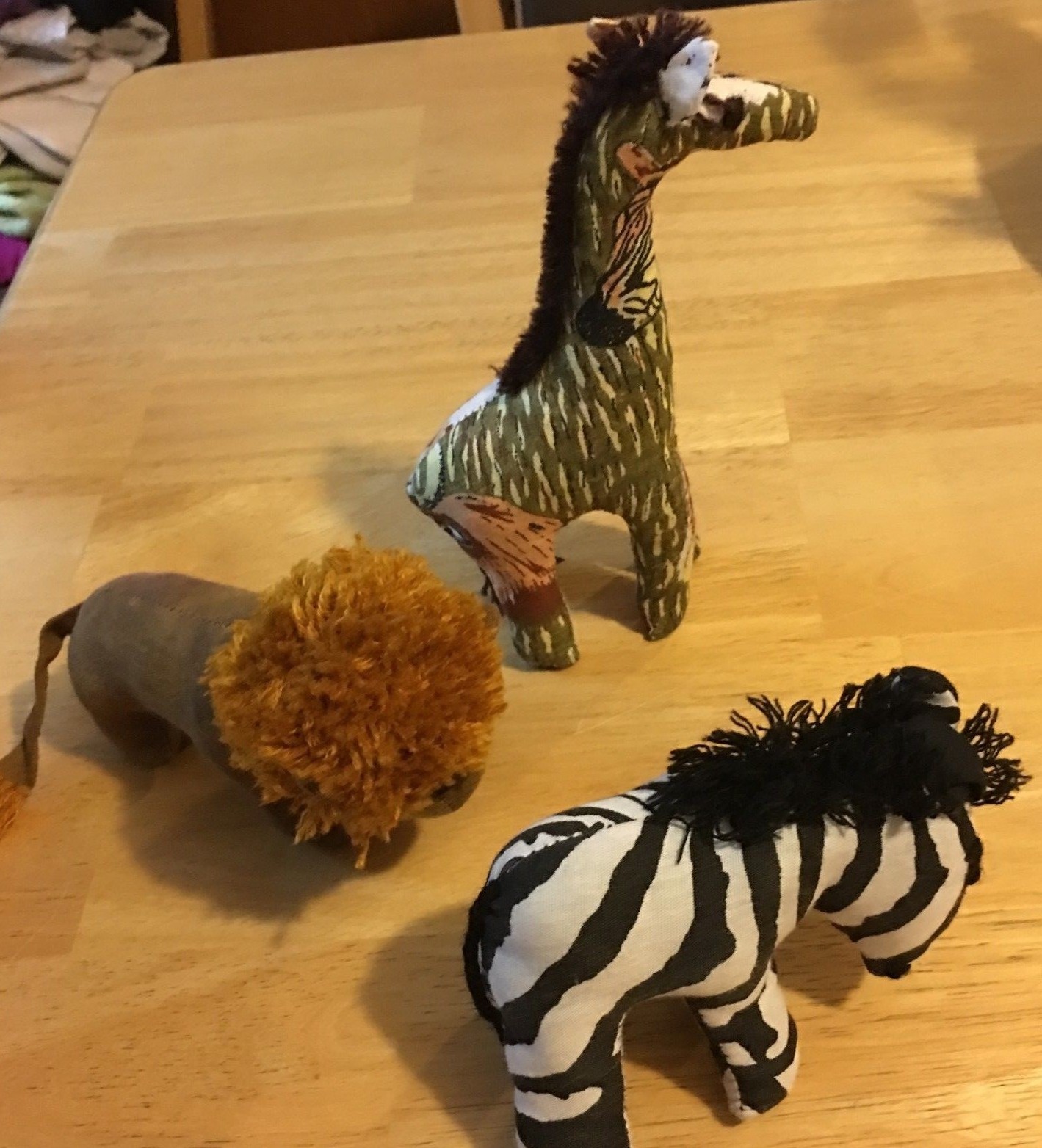 Small Handmade Stuffed Animals From Africa...Lion, Giraffe and Zebra