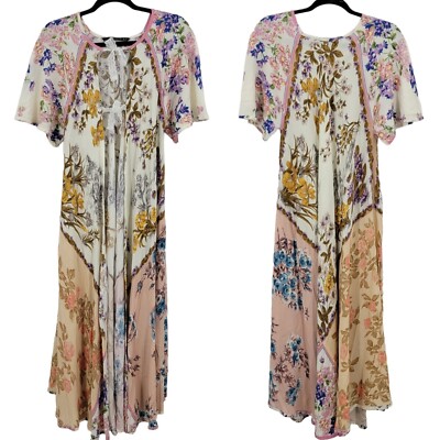Upcycled Zara Floral Patchwork Maxi Duster M Lace Tie Flowy Sleeve Romantic Boho