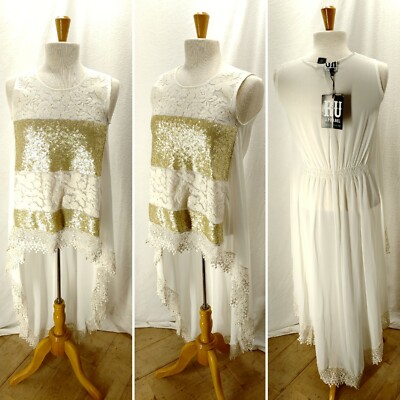 RU Apparel Cream High Low Top Flowing Gold Sequined Embroidered Antique Lace NWT