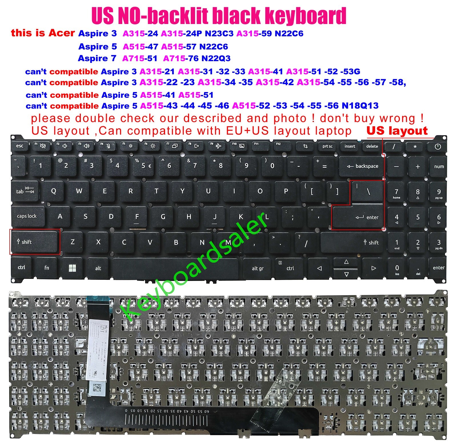 US no-backlit keyboard For Acer Aspire 3 A315-59 Aspire 5