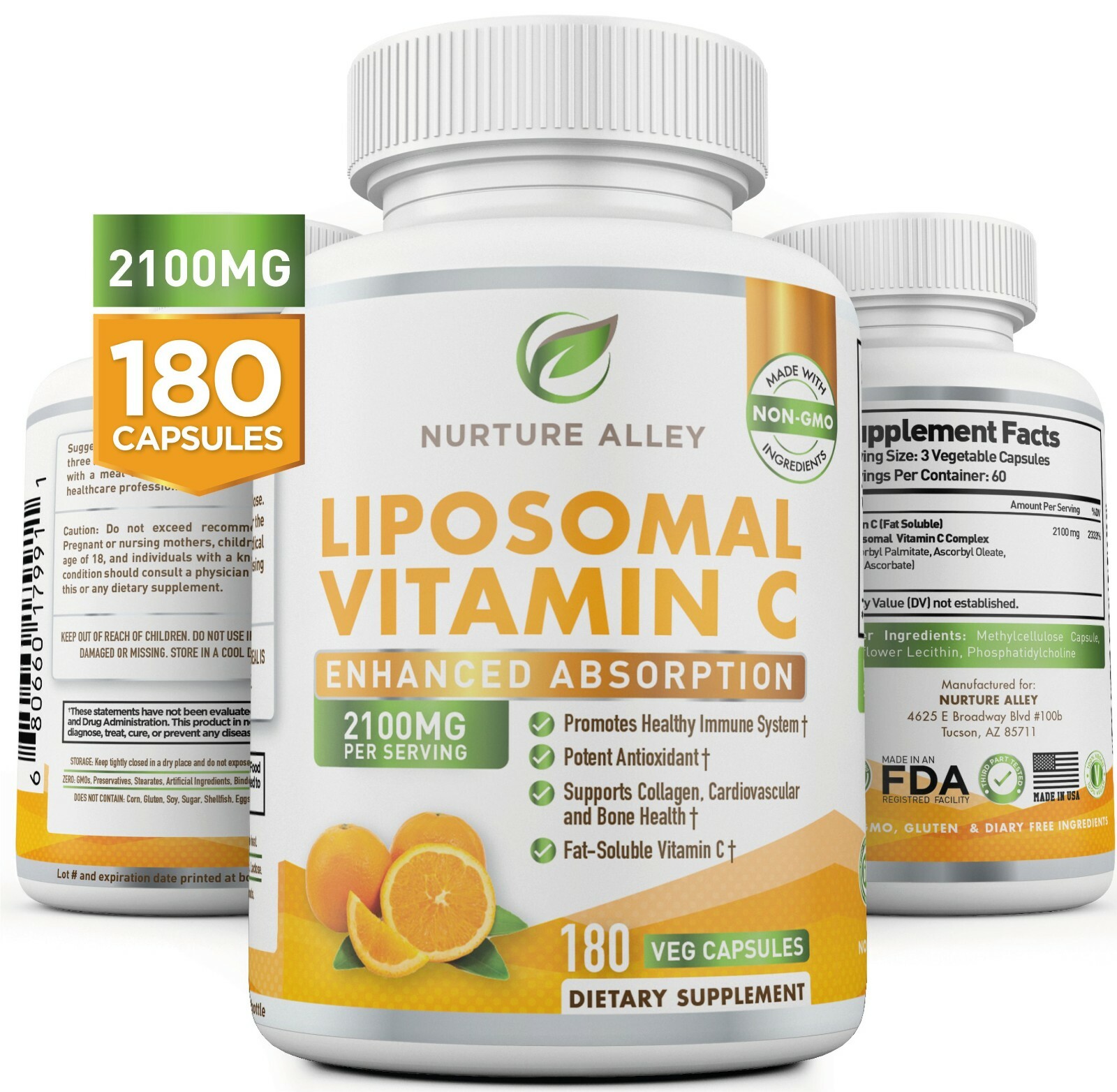 Nurture Alley Liposomal Vitamin C 2100mg- 180 Capsules High Absorption Ascorbic