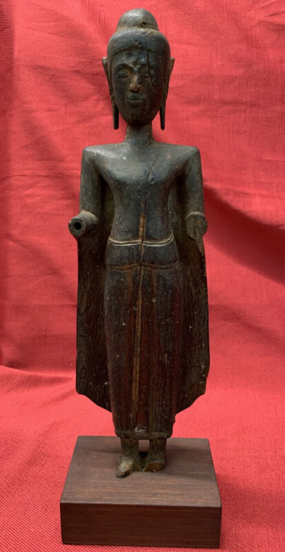 Thai Antique Wood Standing Buddha Statuette 9” Calming