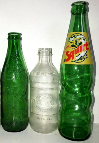 Soda Bottle Like Squirt Pepsi Lot 3 ACL Embossed Vtg Glass Gre...