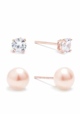 Silverworks 2 Pairs Sterling Silver CZ & Freshwater Pearl Stud Earrings Box PE1