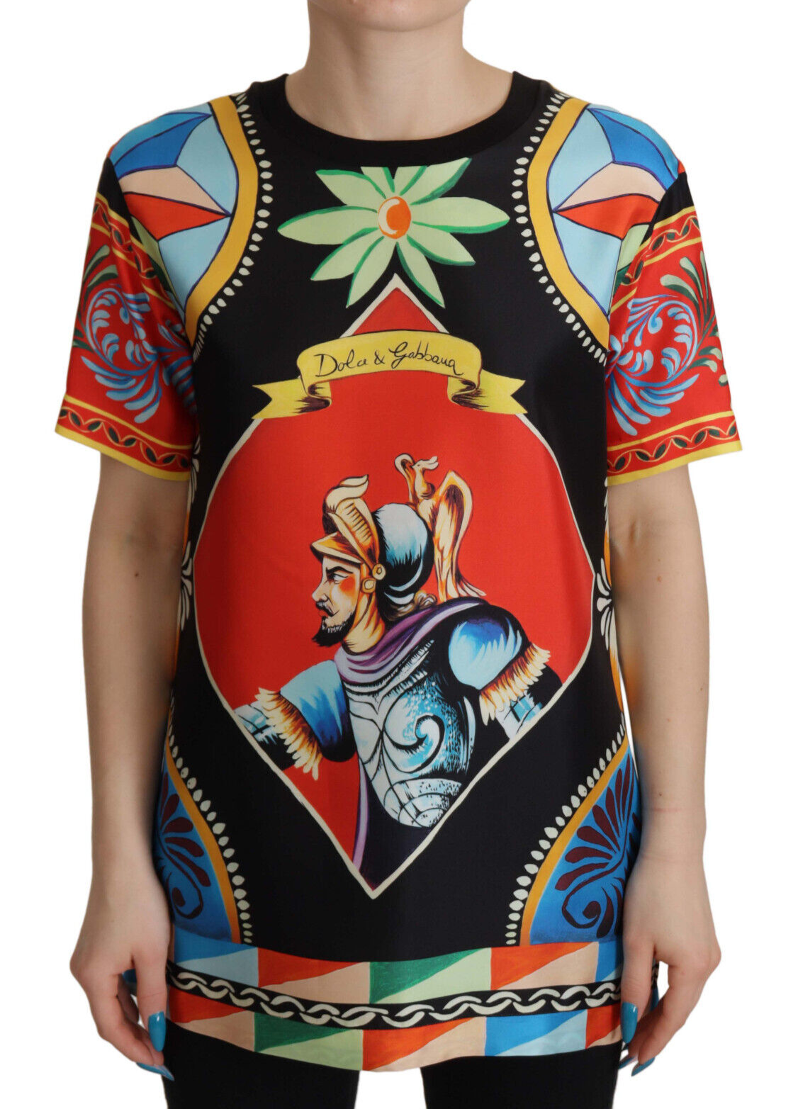 

DOLCE - GABBANA Блузка-футболка Разноцветный шелковый топ Soldier Carretto IT36/US4, Multicolor