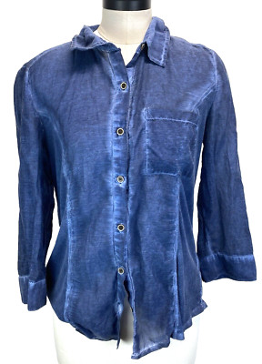 Style & CO Women's Top Sz M Chambray Denim Elastic Sides button Semi Sheer Flaw