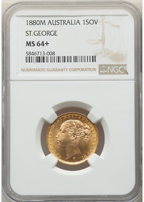 Australia 1880 Melbourne St George Reverse Sovereign NGC MS64+ Single Finest