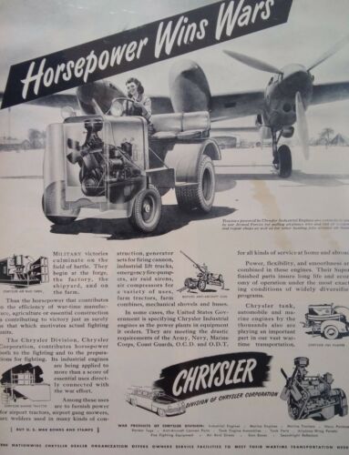 Chrysler Print Ad Original Rare Vtg 1940s WW2 US Airplane Tractor Girl Detroit 