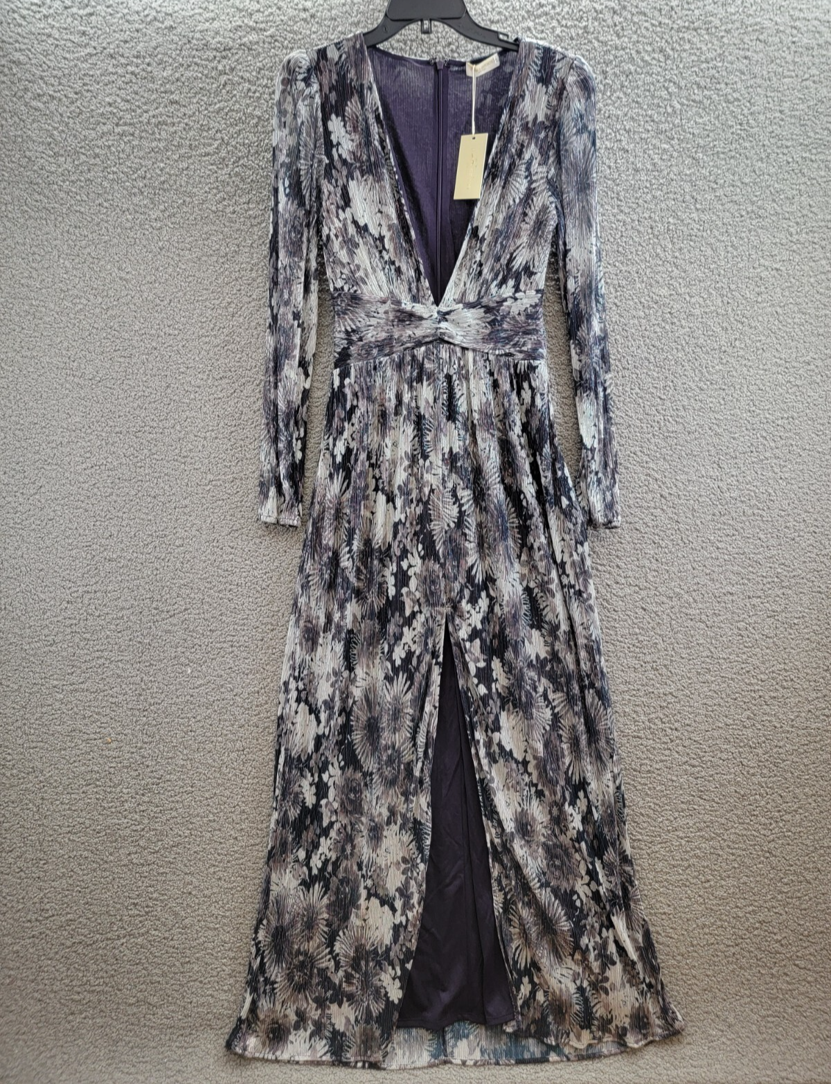 Ramy Brook Estelle Metallic Gown Women's 2 Dove Grey Floral Back Zip Closure - Picture 2 of 17