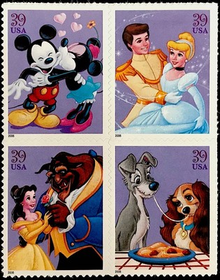 4 DISNEY ROMANCE STAMPS Belle Beauty Beast, Cinderella, Mickey Mouse, Lady Tramp