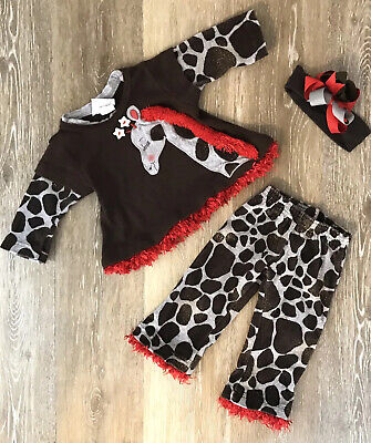 Rag-A-Muffin Kids Baby Infant Girl 3 Piece Outfit Pants Set Giraffe Brown Red 6M