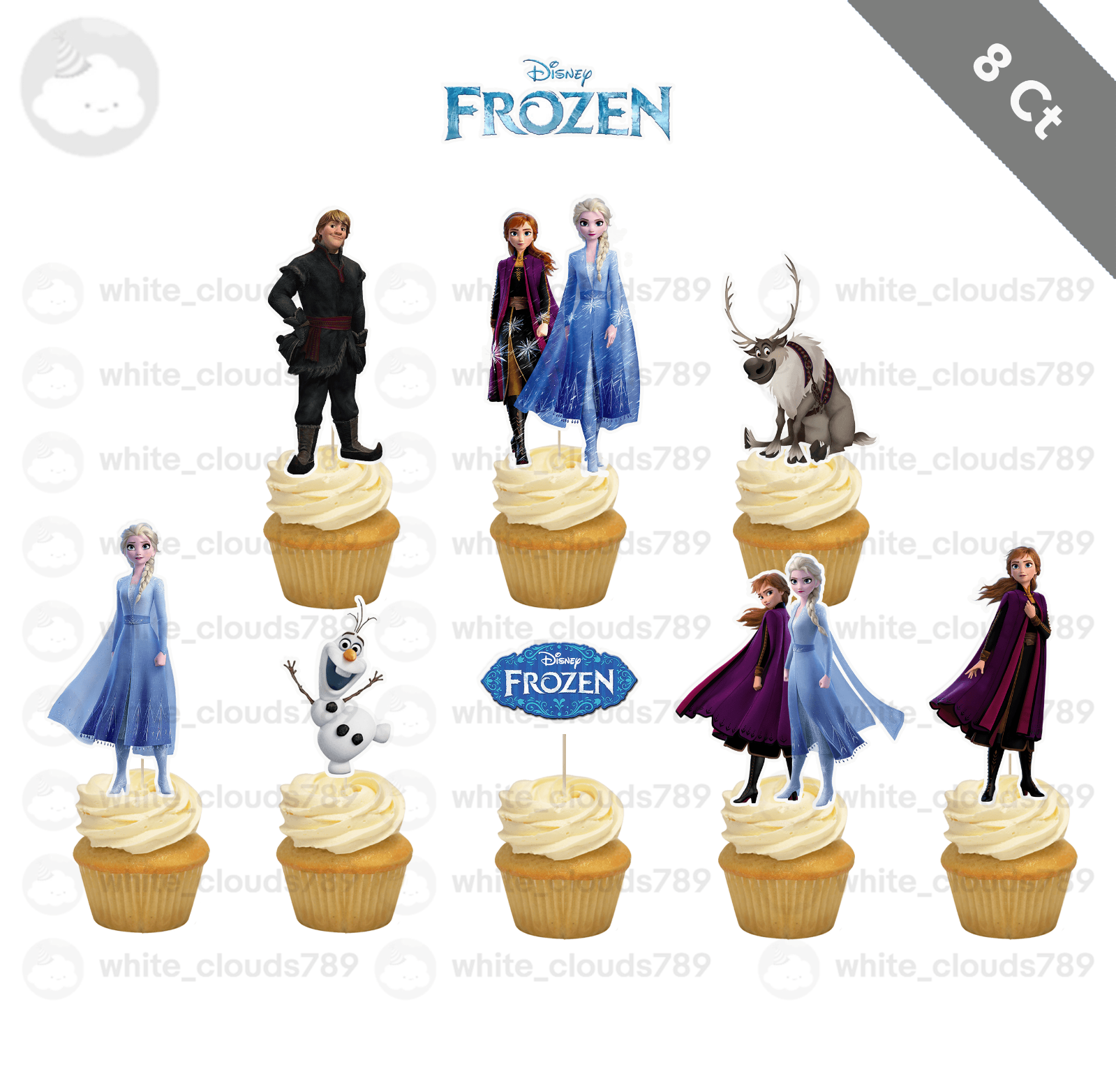 8 Disney Frozen Cupcake Topper Elsa Anna Olaf Pick Favor Party Birthday