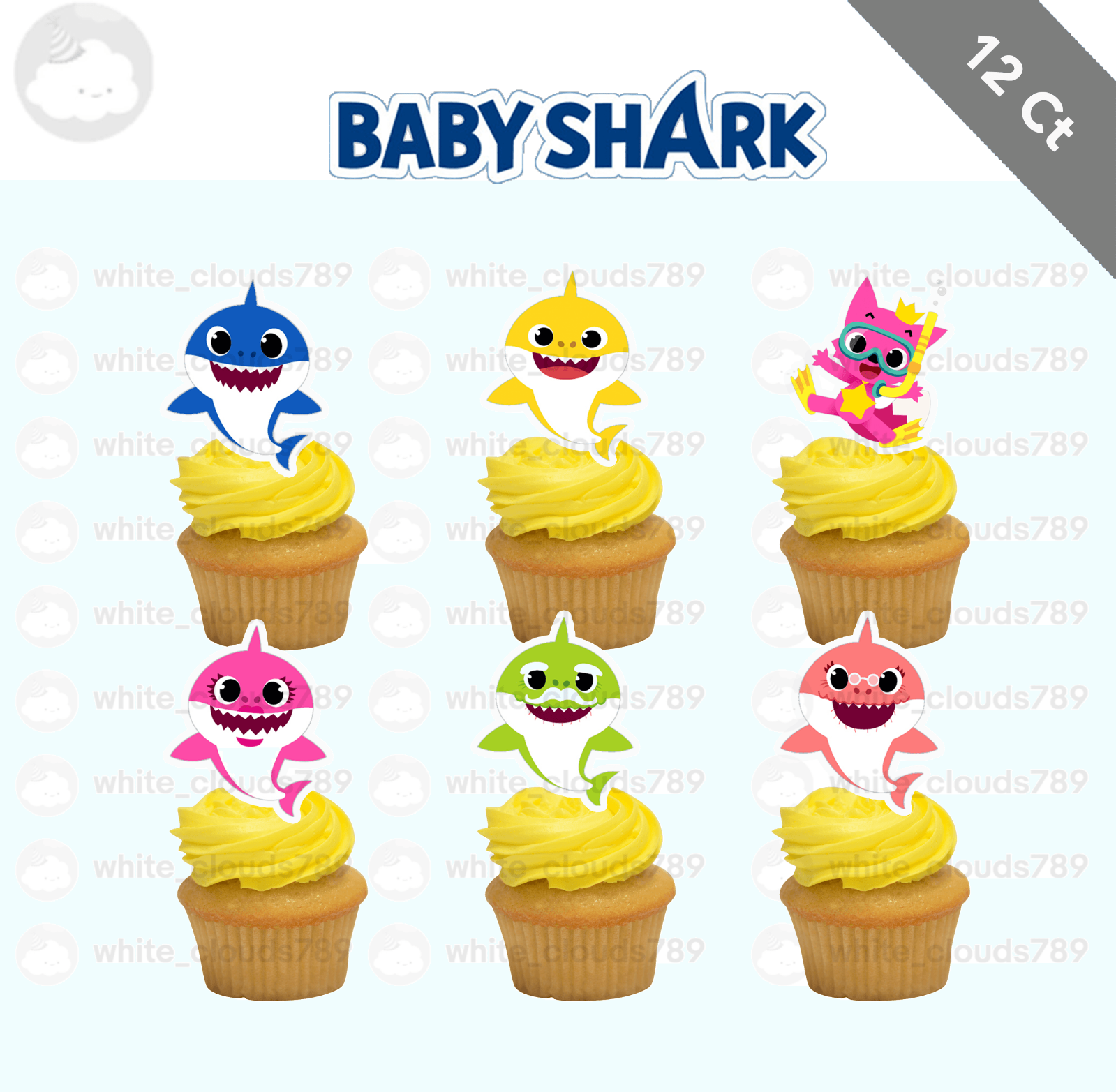 12 Baby Shark Cupcake Topper Food Pick Favor Party Birthday Kid