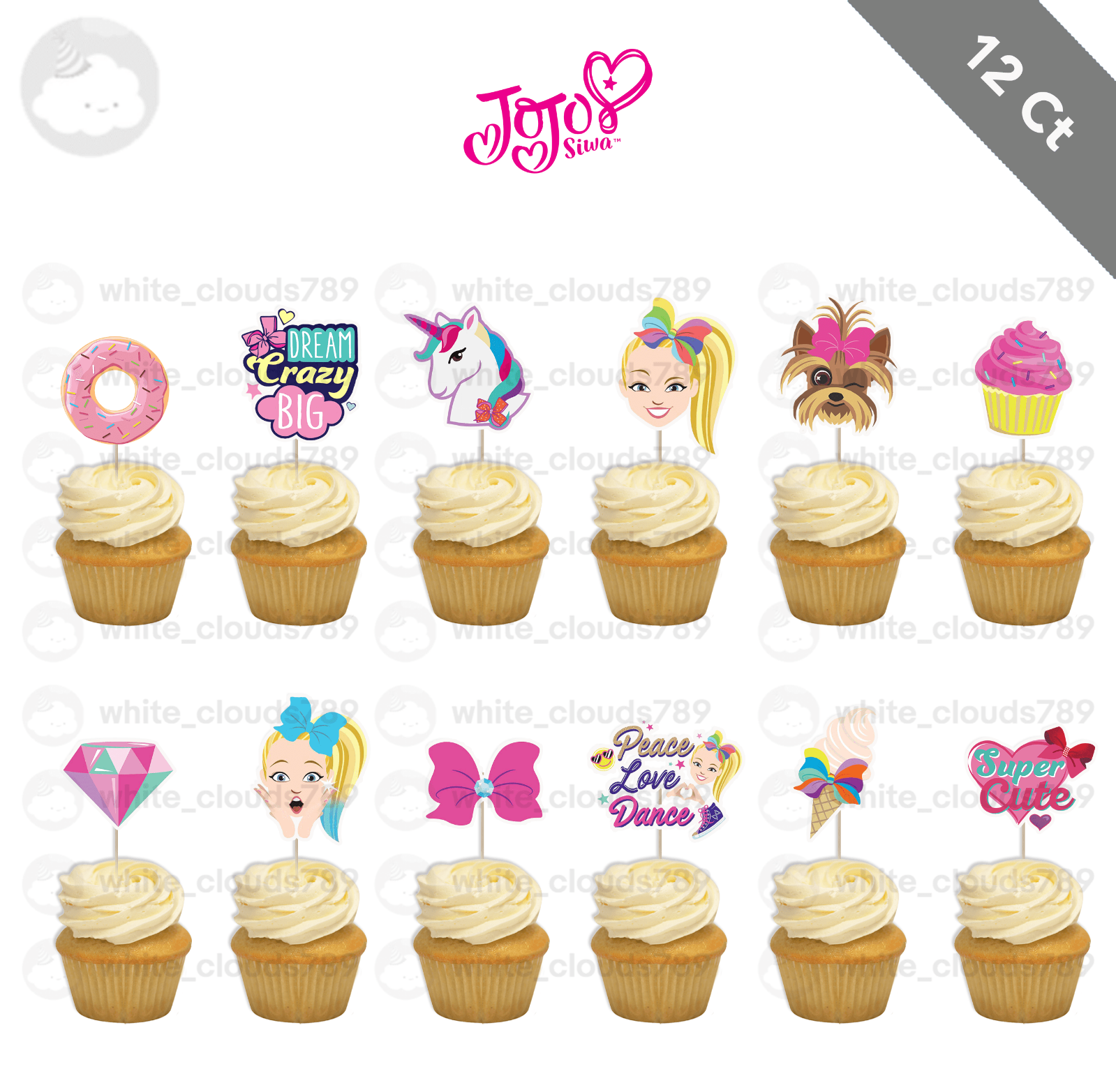 12 Jojo Cupcake Topper Siwa Bow Bow the Dog Favor Party Girl Birthday Decor