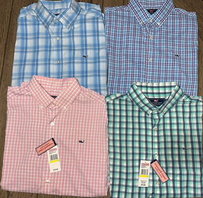  Lot Of 4 Vineyard Vines Performance Mens Plaid Slim Fit Tucker Shirt Sz Medium